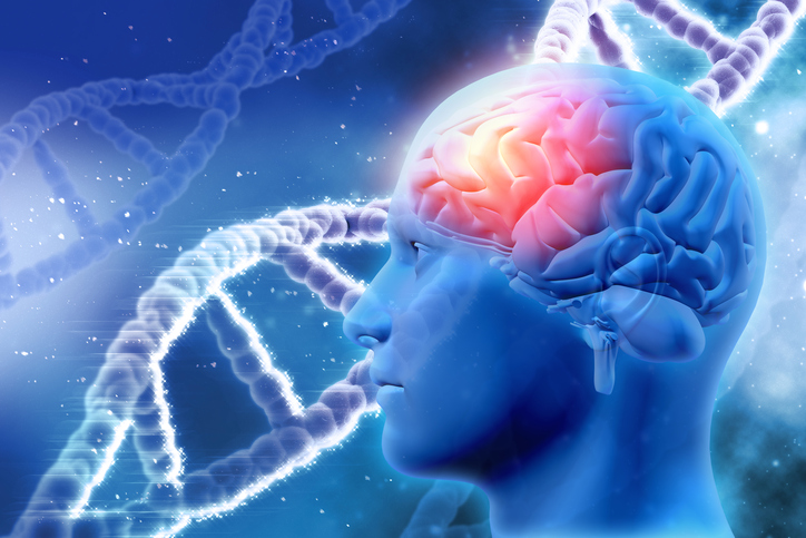 3D medical background with male head with brain and DNA strands